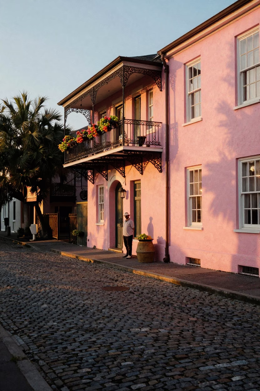 Historic Charleston Street Scene at Sunset with Fruit and Local Life in in Charleston, South Carolina, United States