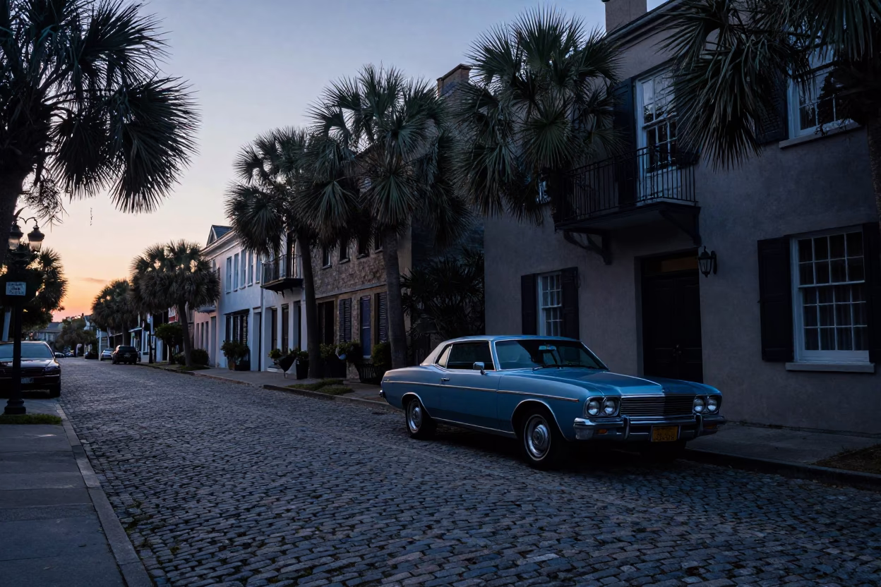 Historic Charleston Street Scene Before Sunrise with Vintage Car and Porcelain Plate in in Charleston, South Carolina, United States