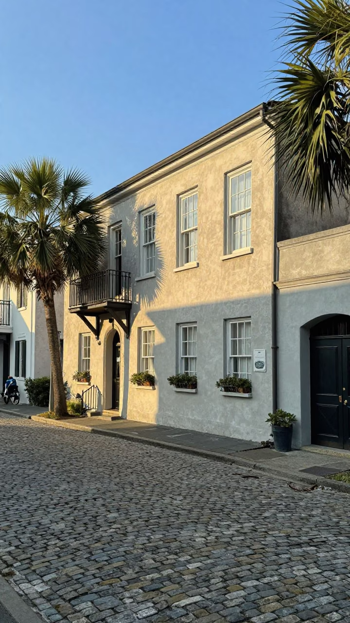 Historic Charleston Street Scene Late Afternoon Light Cobblestones and Traditional Architecture in in Charleston, South Carolina, United States