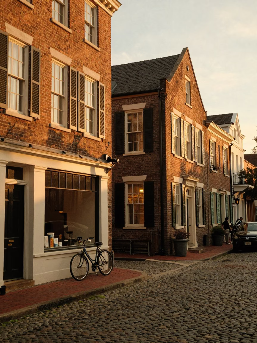 Historic Charleston Street Scene with Brick Architecture and Evening Light in in Charleston, South Carolina, United States