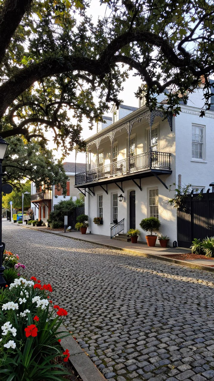 Historic Charleston Street Scene with Cobblestones and Flowering Plants in Early Afternoon in in Charleston, South Carolina, United States
