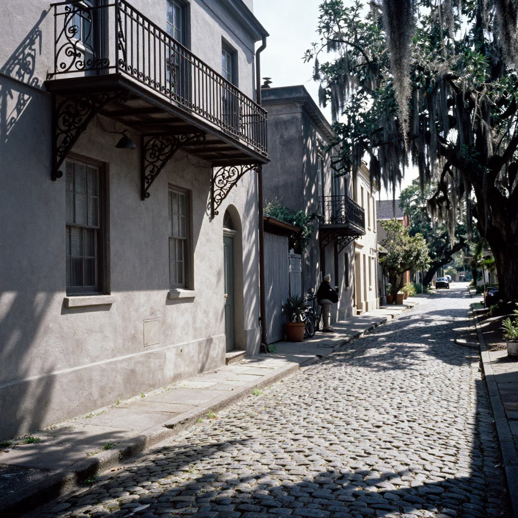 Historic Charleston Street Scene with Cobblestones and Spanish Moss at Midday in in Charleston, South Carolina, United States