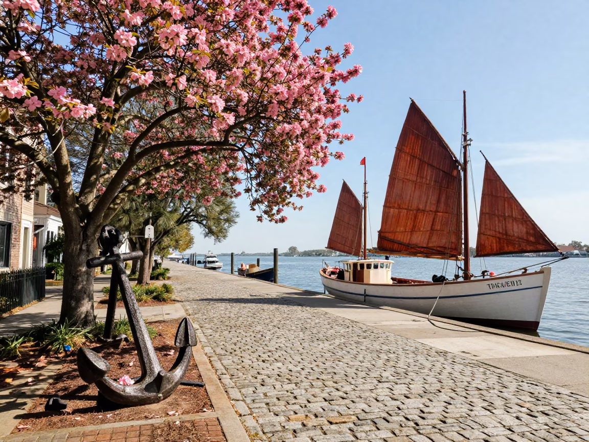 Historic Charleston Street Scene with Dogwood Tree and Anchor in Early Afternoon in in Charleston, South Carolina, United States