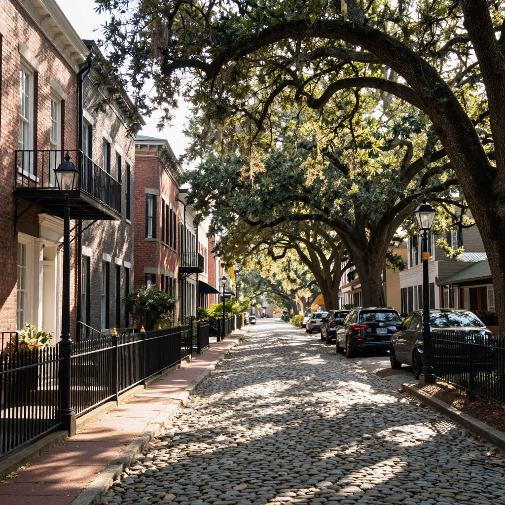 Historic Charleston Street Scene with Ironwork and Early Afternoon Sunlight in in Charleston, South Carolina, United States
