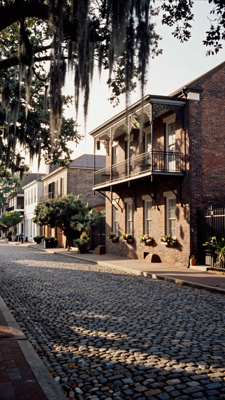 Historic Charleston Street Scene with Spanish Moss and Cobblestone Architecture in Early Afternoon in in Charleston, South Carolina, United States