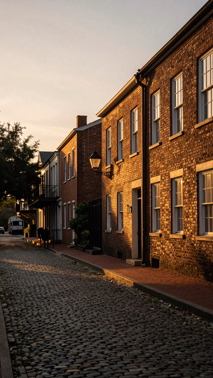 Historic Charleston Sunset Street Scene with Cobblestone Path and Fallen Petals in in Charleston, South Carolina, United States