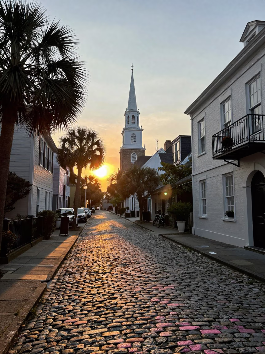 Historic Charleston Sunset View of Cobblestone Street and Traditional Architecture in in Charleston, South Carolina, United States