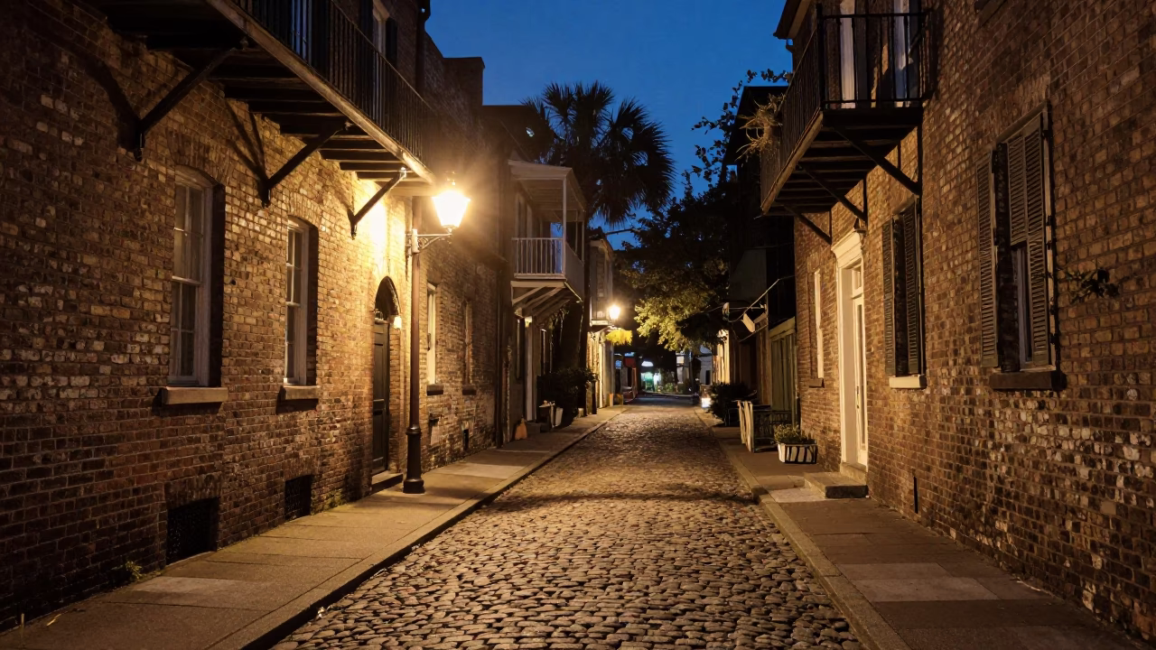 Historic Cobblestone Alleyway in Charleston at Midnight Light in in Charleston, South Carolina, United States