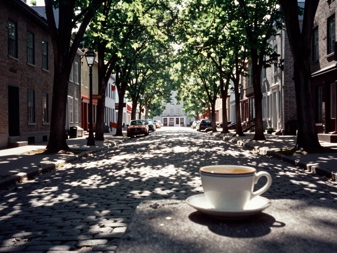 Historic Cobblestone Street Scene in Quebec City Early Afternoon with Leaf Shadows in in Quebec City, Quebec, Canada