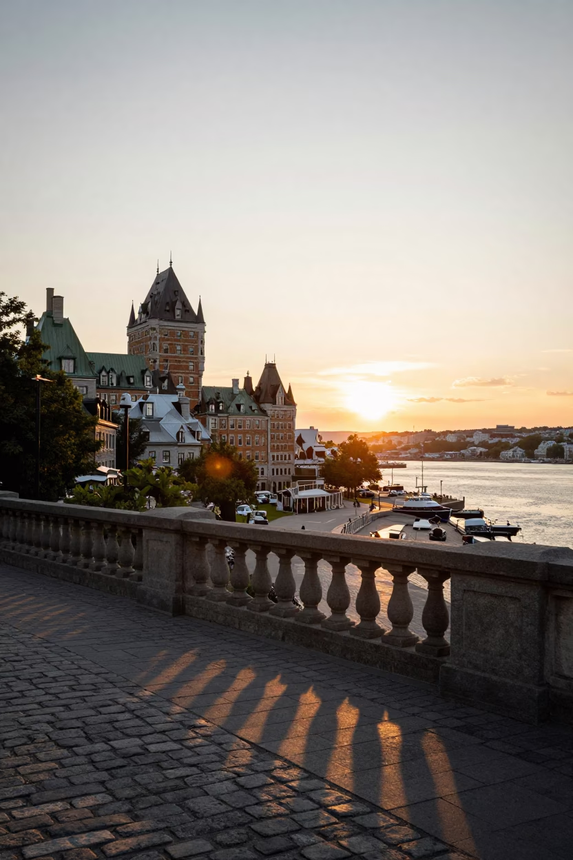 Historic District And Old Port From Dufferin Terrace Promenade in Quebec City in in Quebec City, Quebec, Canada