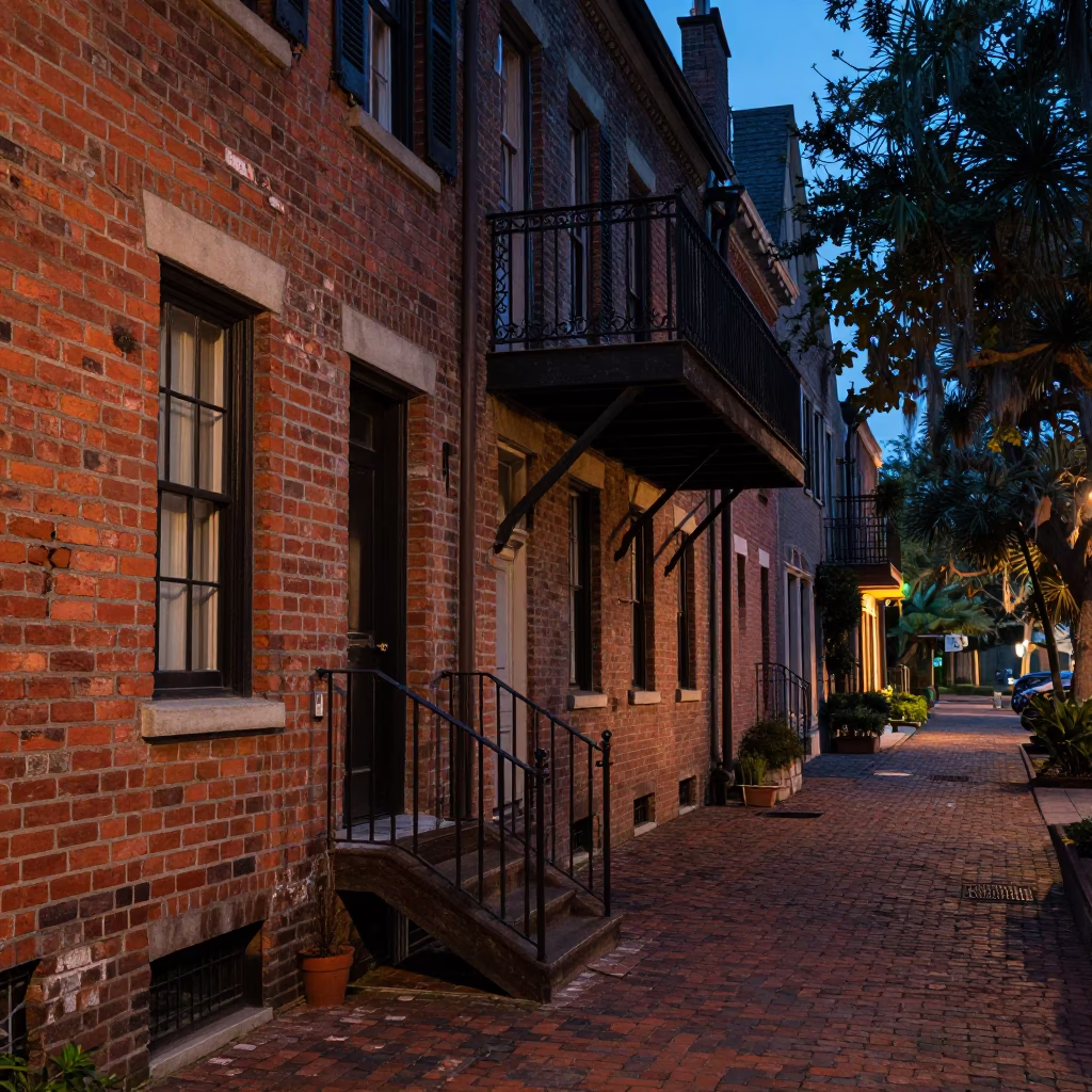 Historic District Brick Alleyway at Twilight in Charleston in in Charleston, South Carolina, United States