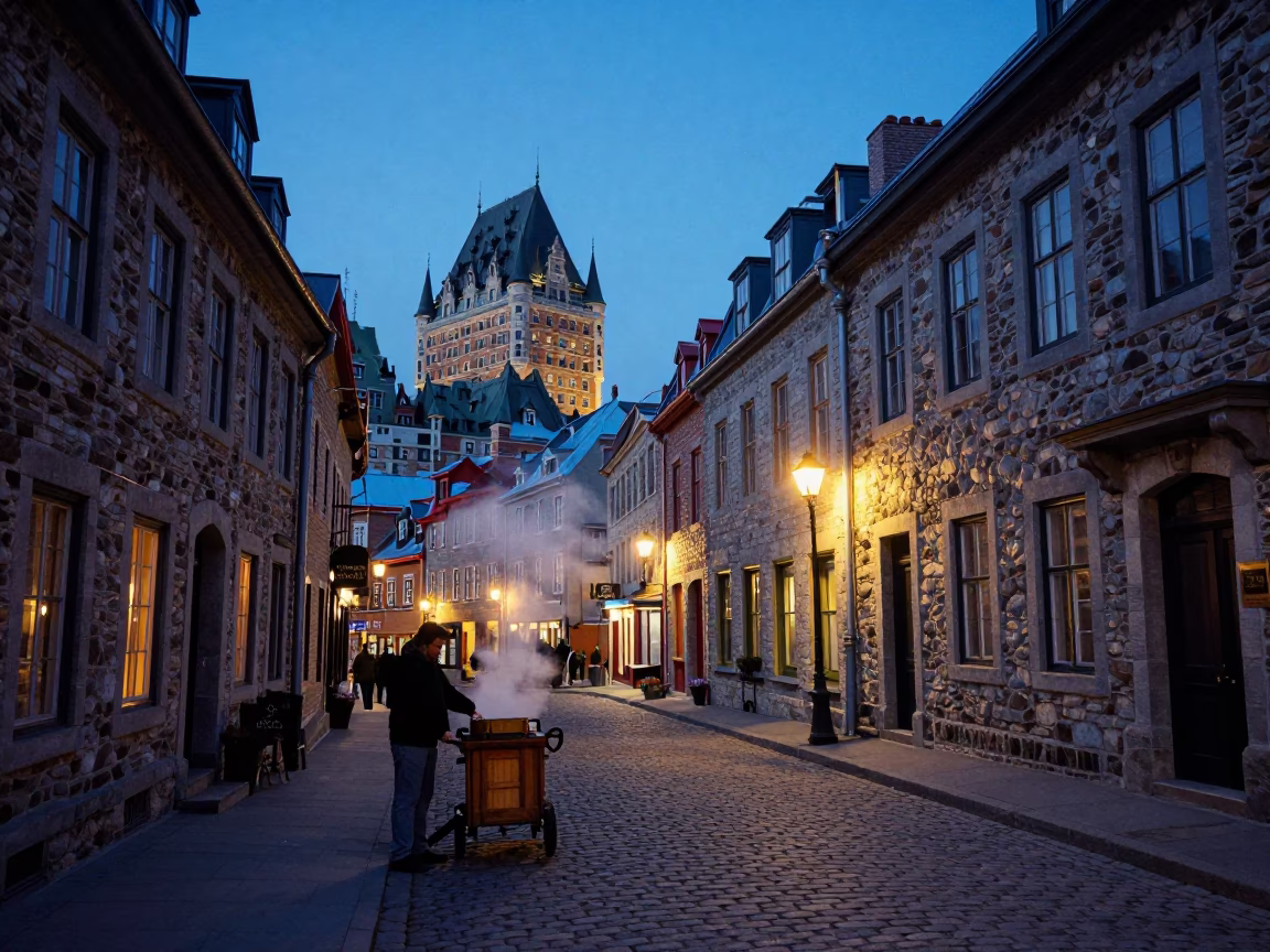 Historic District in Quebec City at Blue Hour in in Quebec City, Quebec, Canada