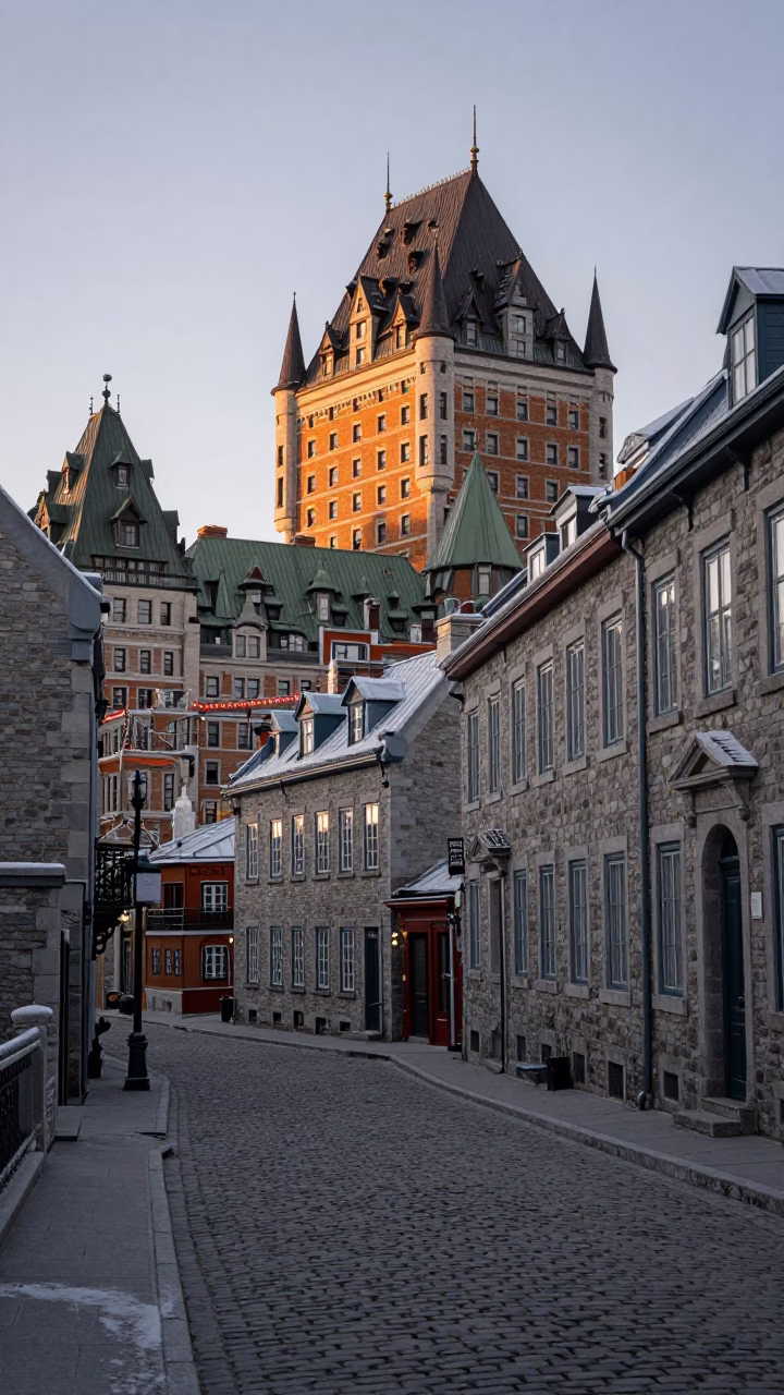 Historic District in Quebec City at First Light Of Dawn in in Quebec City, Quebec, Canada