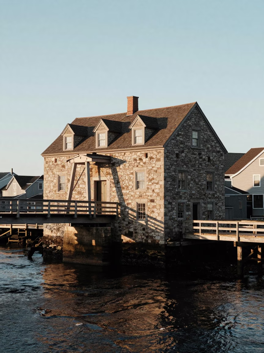 Historic drawbridge counterweight house and black tidal channel in late afternoon Halifax Nova Scotia in in Halifax, Nova Scotia, Canada