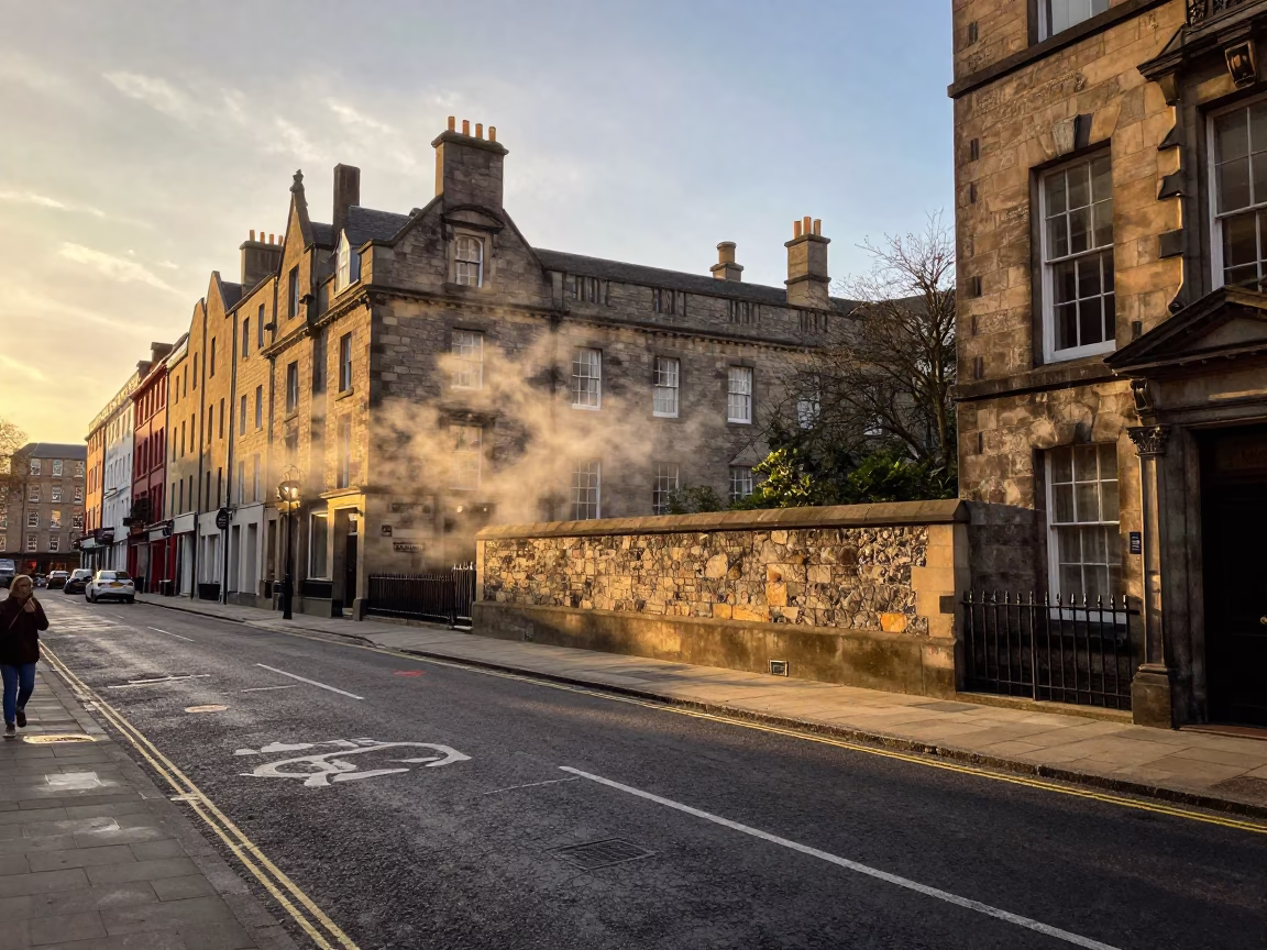 Historic Dublin Street Scene with Steam Haze and Vintage 1960s Atmosphere in in Dublin, Ireland