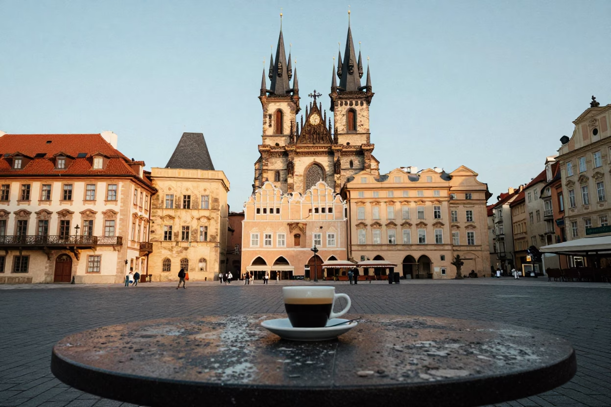 Historic Facades And Espresso Cup at The Early Afternoon Light in Prague in in Prague, Czech Republic