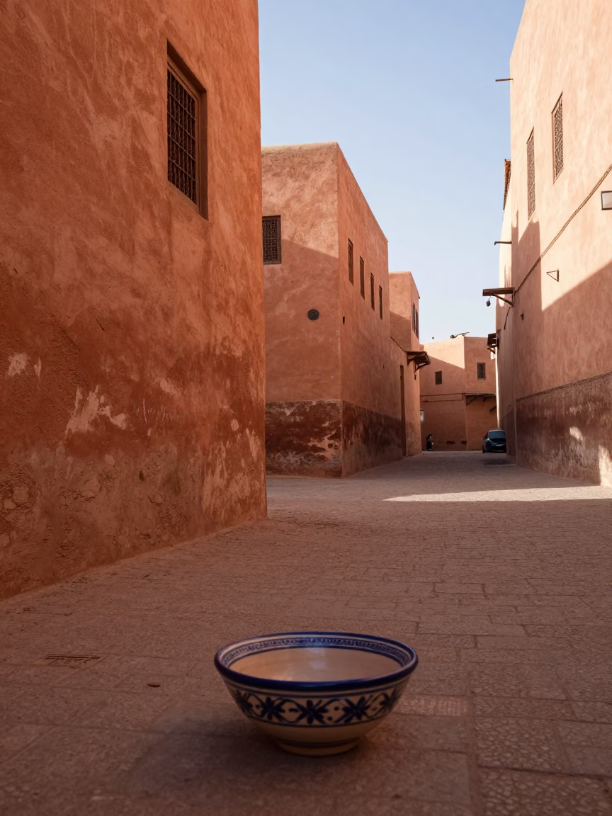 Historic Fez Morocco Early Afternoon Street Scene with Ceramic Bowl in in Fez, Morocco