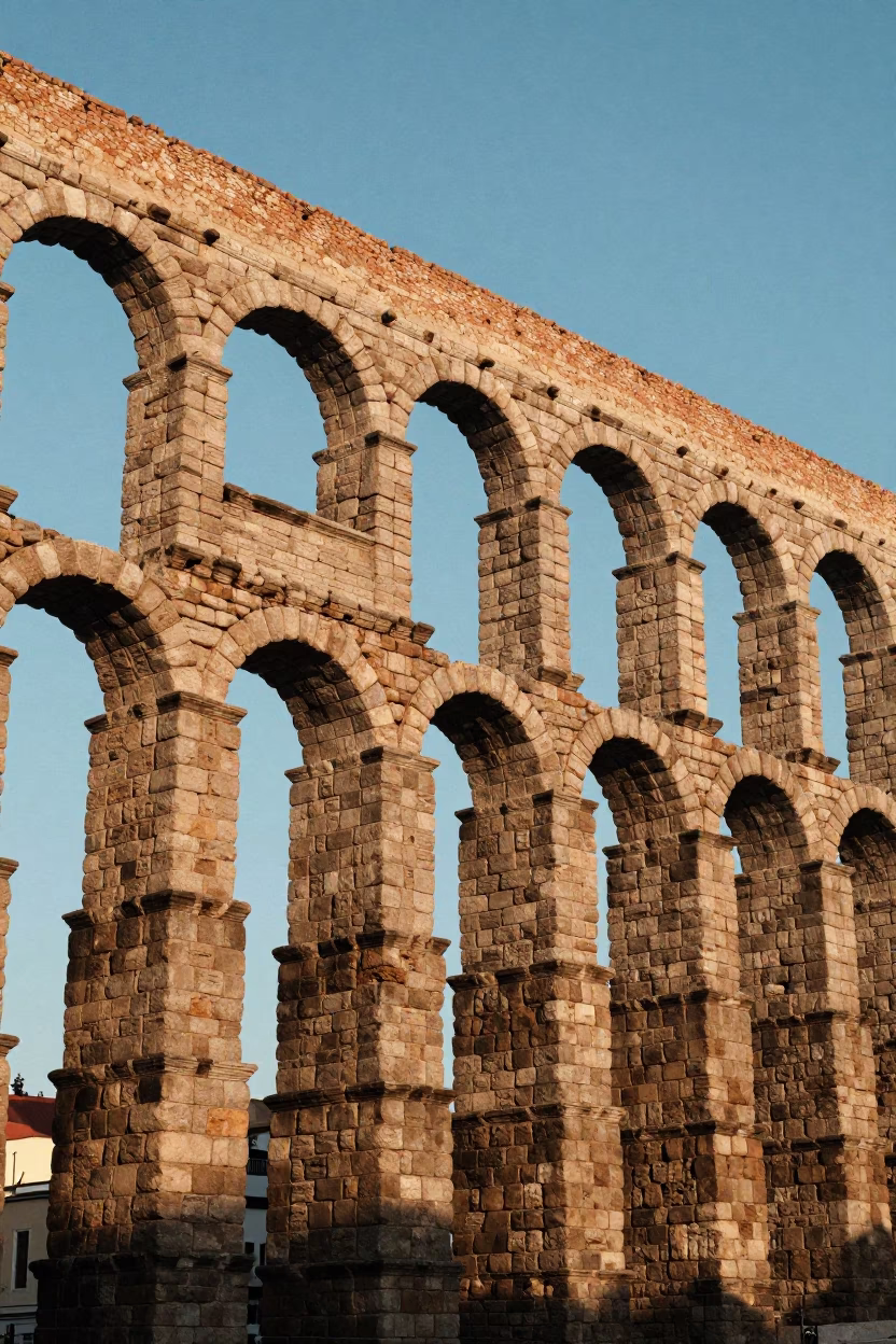 Historic Guadalajara Roman Aqueduct in Late Afternoon Light with Urban Street Life in in Guadalajara, Mexico