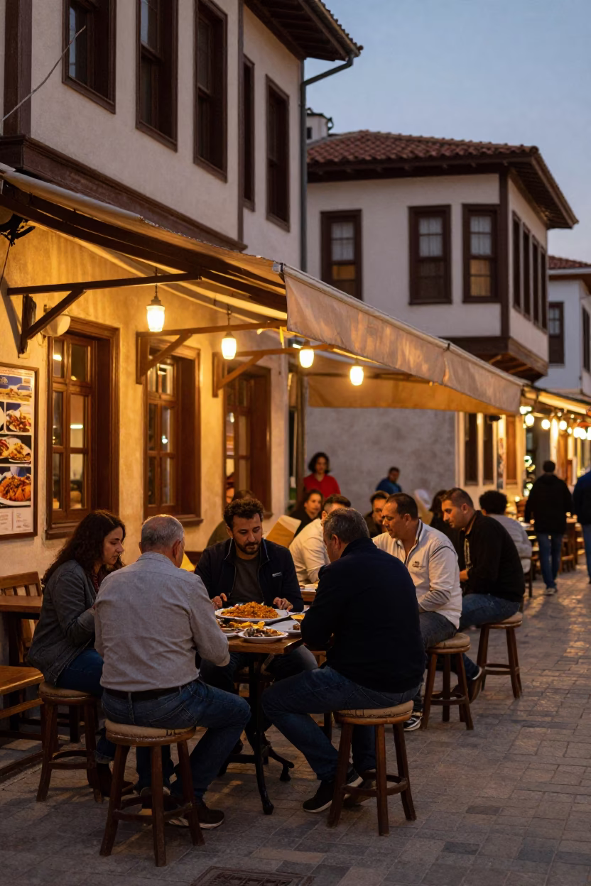 Historic Izmir Evening Street Scene with Traditional Turkish Food and Cable Car View in in Izmir, Turkey