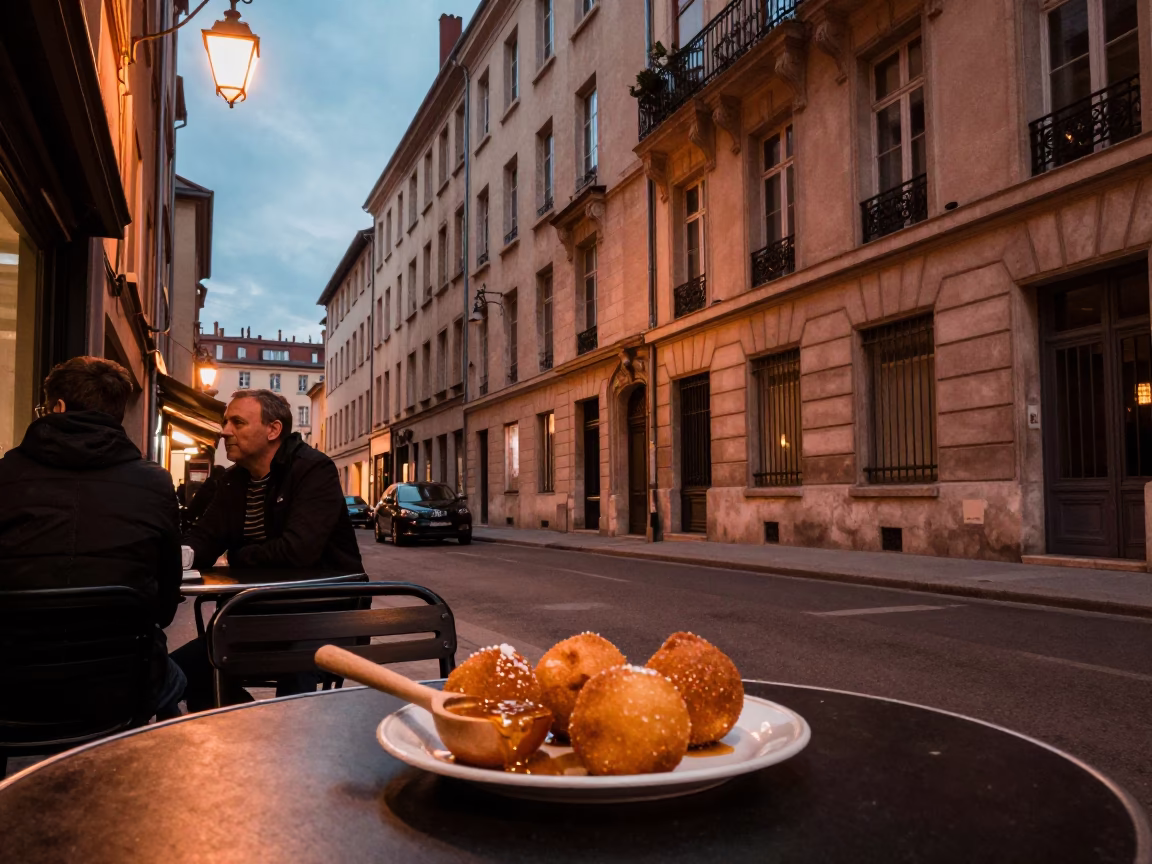 Historic Lyon Street Scene at Dusk with Arancini and Honey Dipper in in Lyon, France