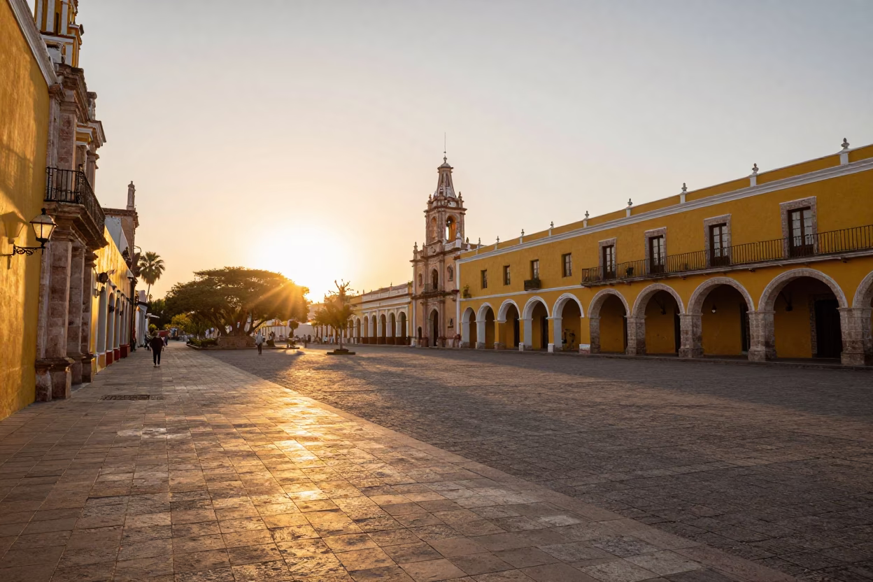 Historic Merida Mexico Sunset Plaza with Colonial Architecture and Local Pedestrians in in Merida, Mexico