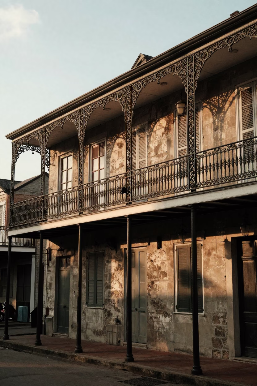 Historic New Orleans Street Scene with Wrought Iron Balconies in Golden Evening Light in in New Orleans, Louisiana, United States