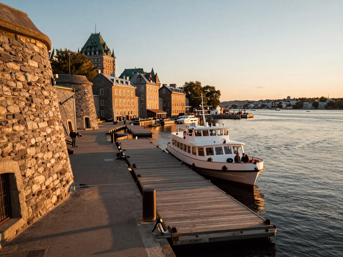Historic Old Port Water Taxi Docking in Quebec City at Sunset Light in in Quebec City, Quebec, Canada