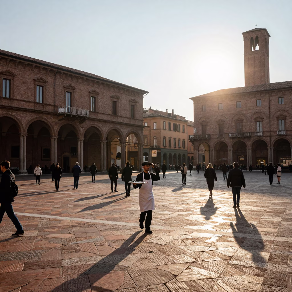 Historic Piazza in Bologna at As First Light Reaches The Scene in in Bologna, Italy