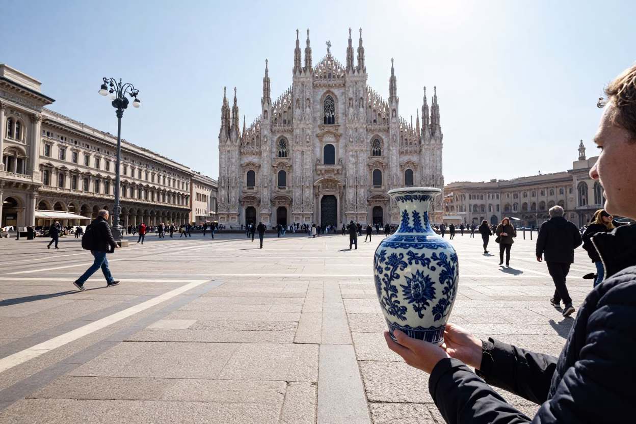 Historic Piazza in Milan at Bright Midmorning Light in in Milan, Italy
