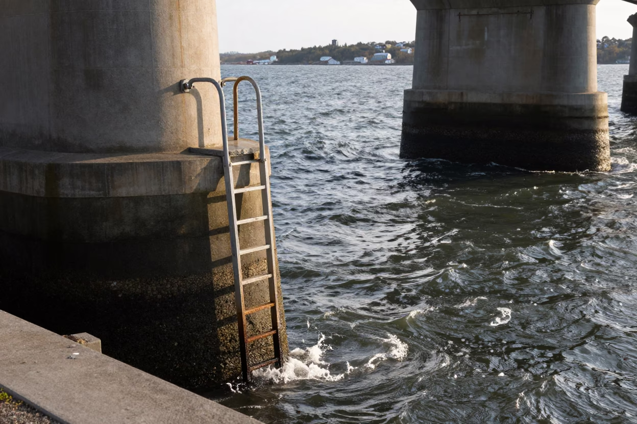 Historic Pier Inspection Ladder And Choppy Estuary Water in Halifax in in Halifax, Nova Scotia, Canada