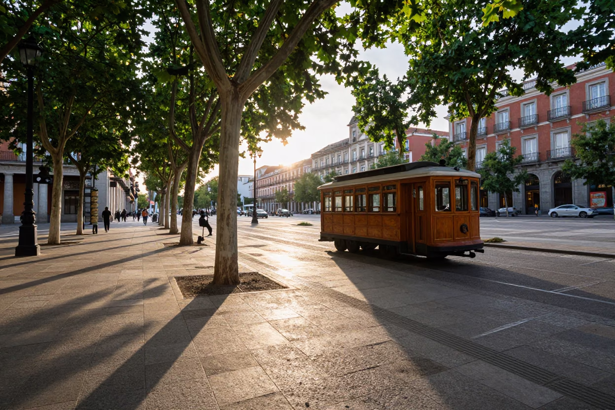 Historic Plaza in Madrid at As First Light Reaches The Scene in in Madrid, Spain