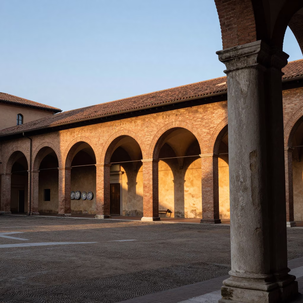 Historic Porticoes And Vintage Majolica Plate in Bologna at Sunset Light in in Bologna, Italy