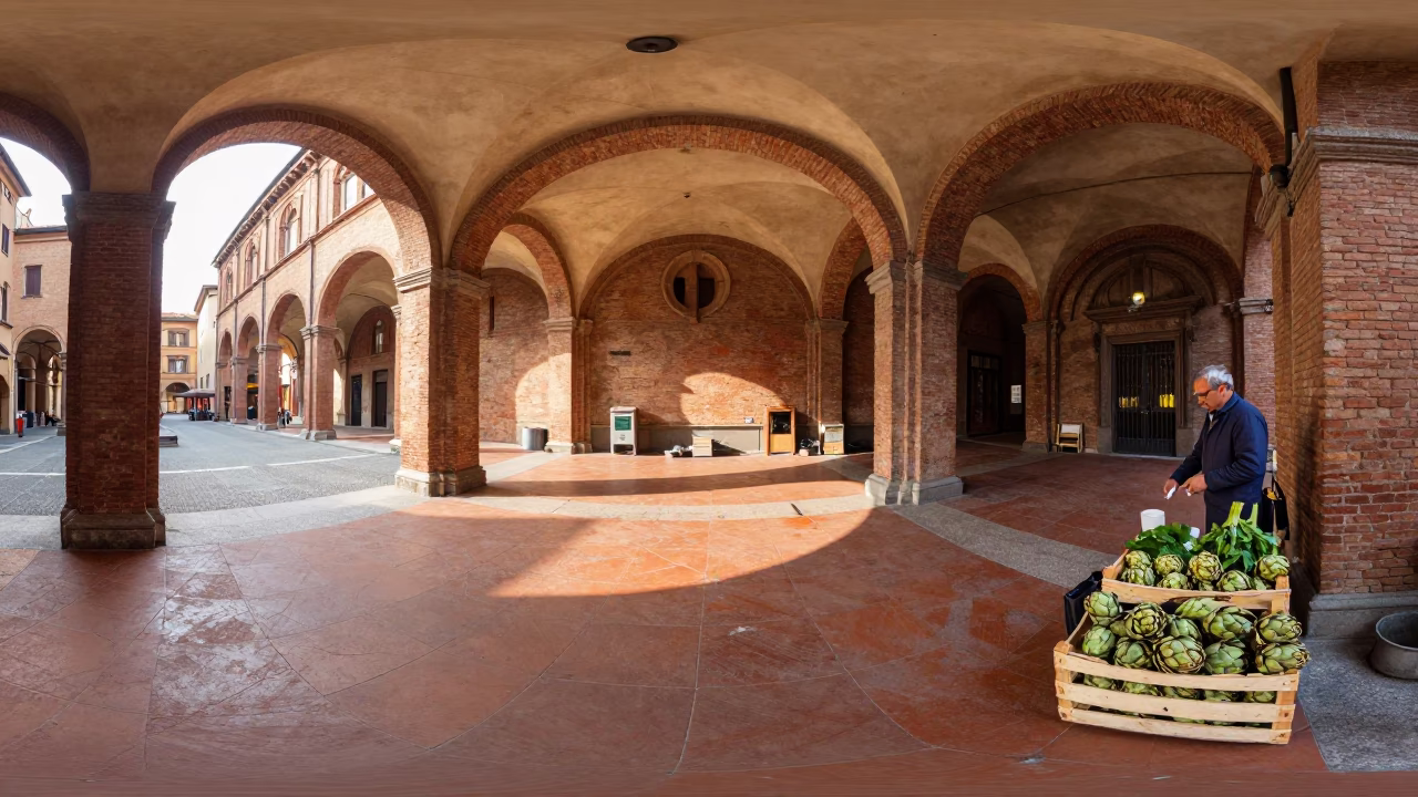 Historic Porticoes in Bologna at As First Light Reaches The Scene in in Bologna, Italy