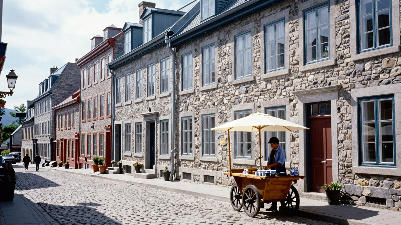 Historic Quebec City Midmorning Street Scene with Blue White Porcelain Bowl in in Quebec City, Quebec, Canada