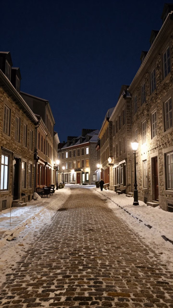 Historic Quebec City Night Street with Snowy Cobblestones and Warm Window Box Lights in in Quebec City, Quebec, Canada