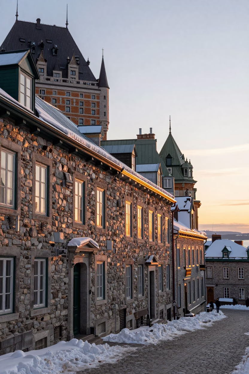 Historic Quebec City Stone Facades and Snow at Sunset in in Quebec City, Quebec, Canada