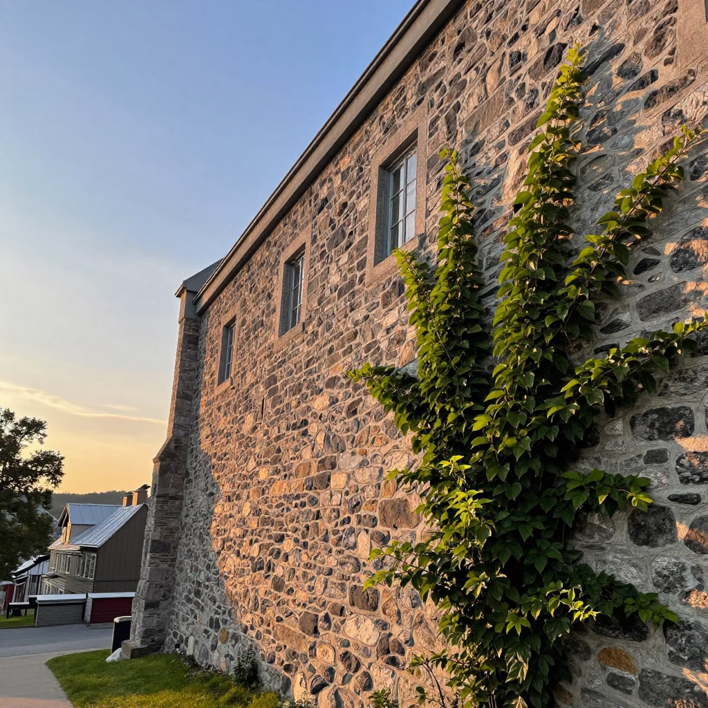 Historic Quebec City stone wall with climbing clematis vine at sunset in in Quebec City, Quebec, Canada