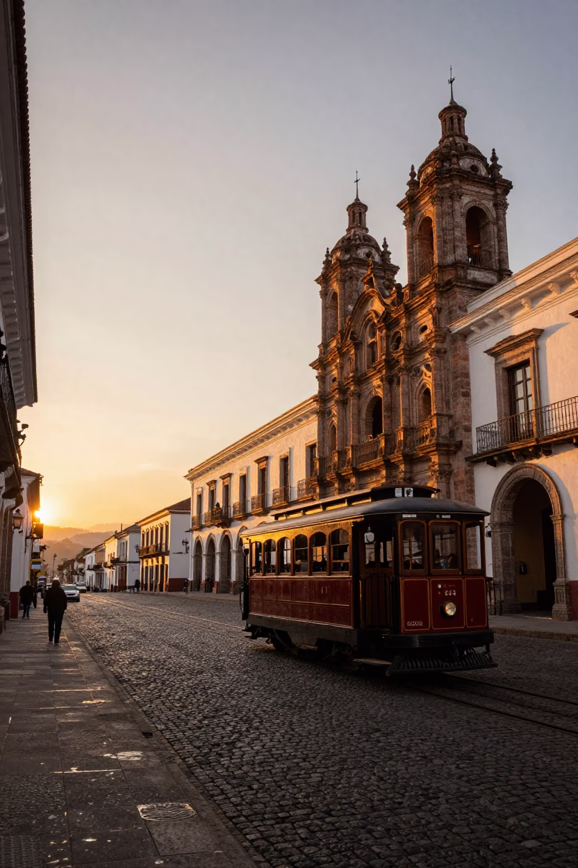 Historic Quito Street Scene at Sunset with Heritage Tram and Colonial Architecture in in Quito, Ecuador