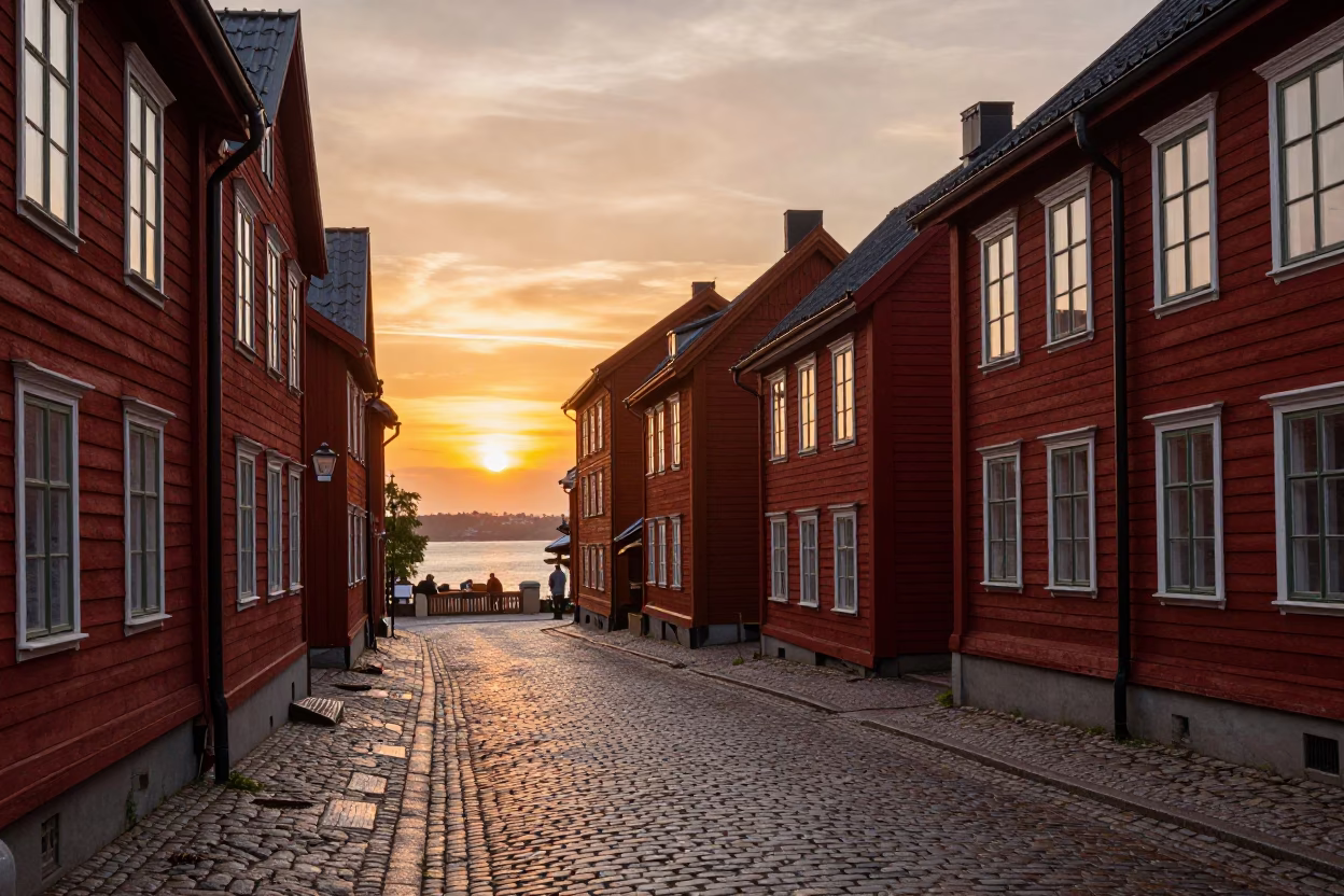 Historic Red Wooden Houses And Cobblestone Street in Stockholm in in Stockholm, Sweden