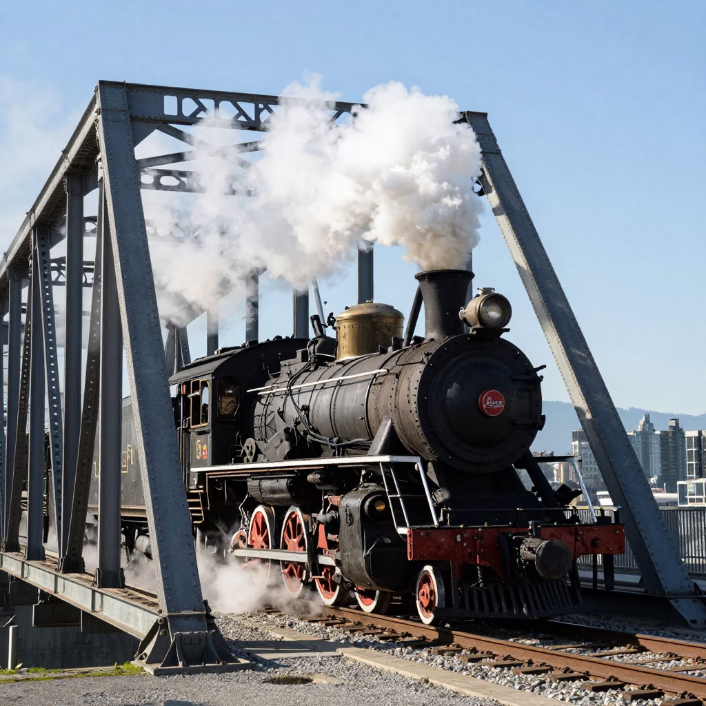 Historic Steam Locomotive Crossing Iron Bridge in Bright Midmorning Vancouver British Columbia in in Vancouver, British Columbia, Canada