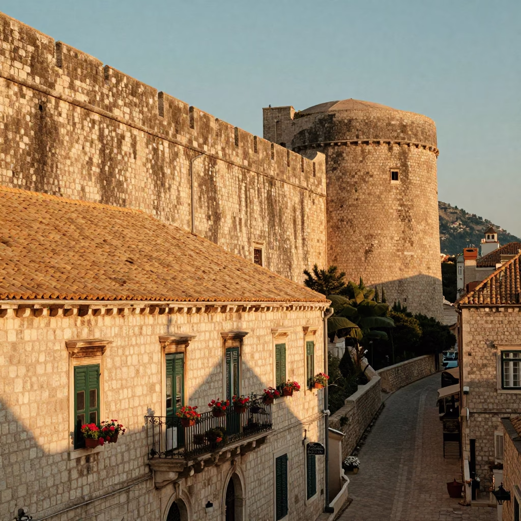 Historic Stone Walls in Dubrovnik at Sunset Light in in Dubrovnik, Croatia