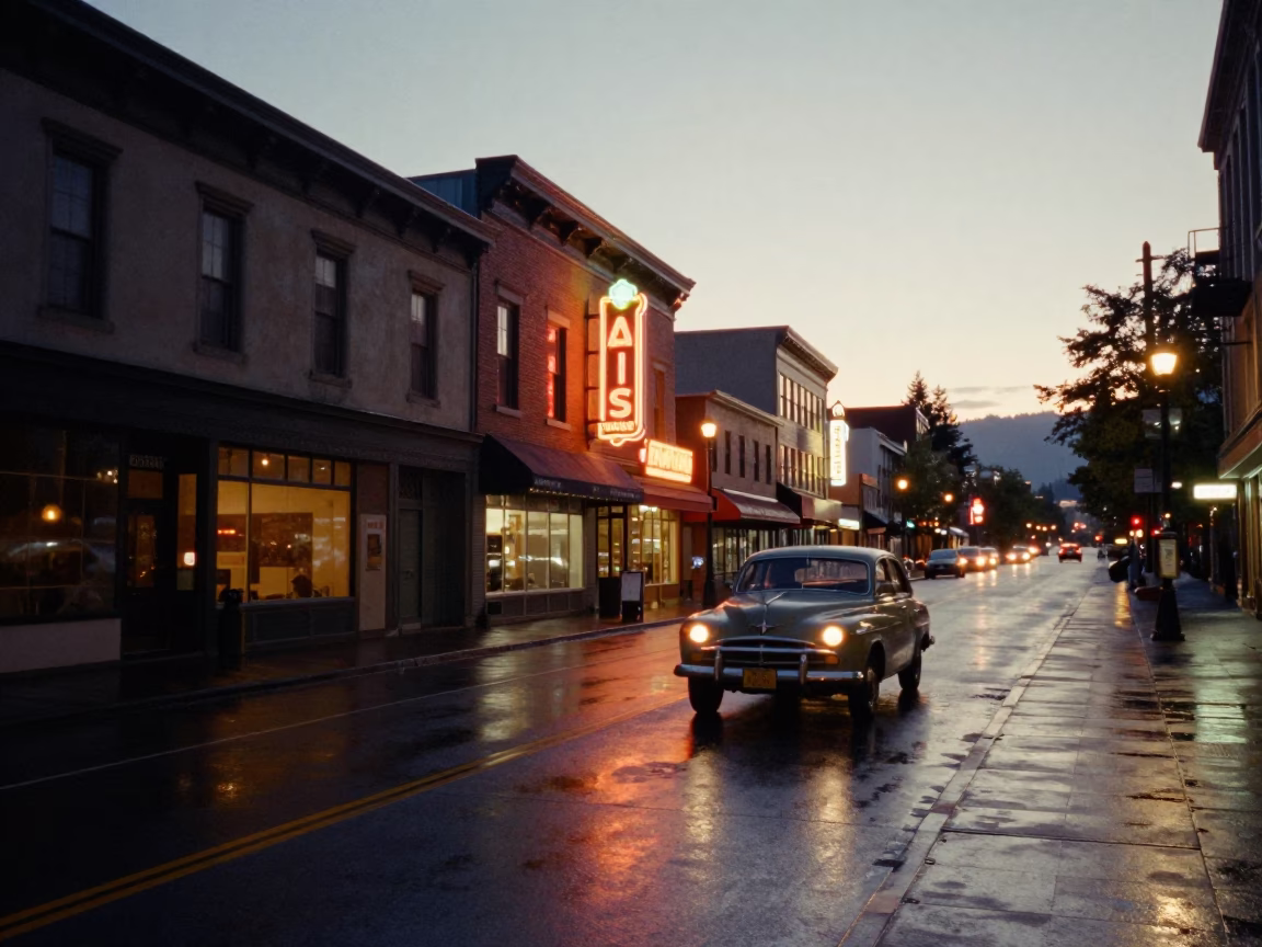 Historic Street at As City Lights Begin To Glow in Portland in in Portland, Oregon, United States