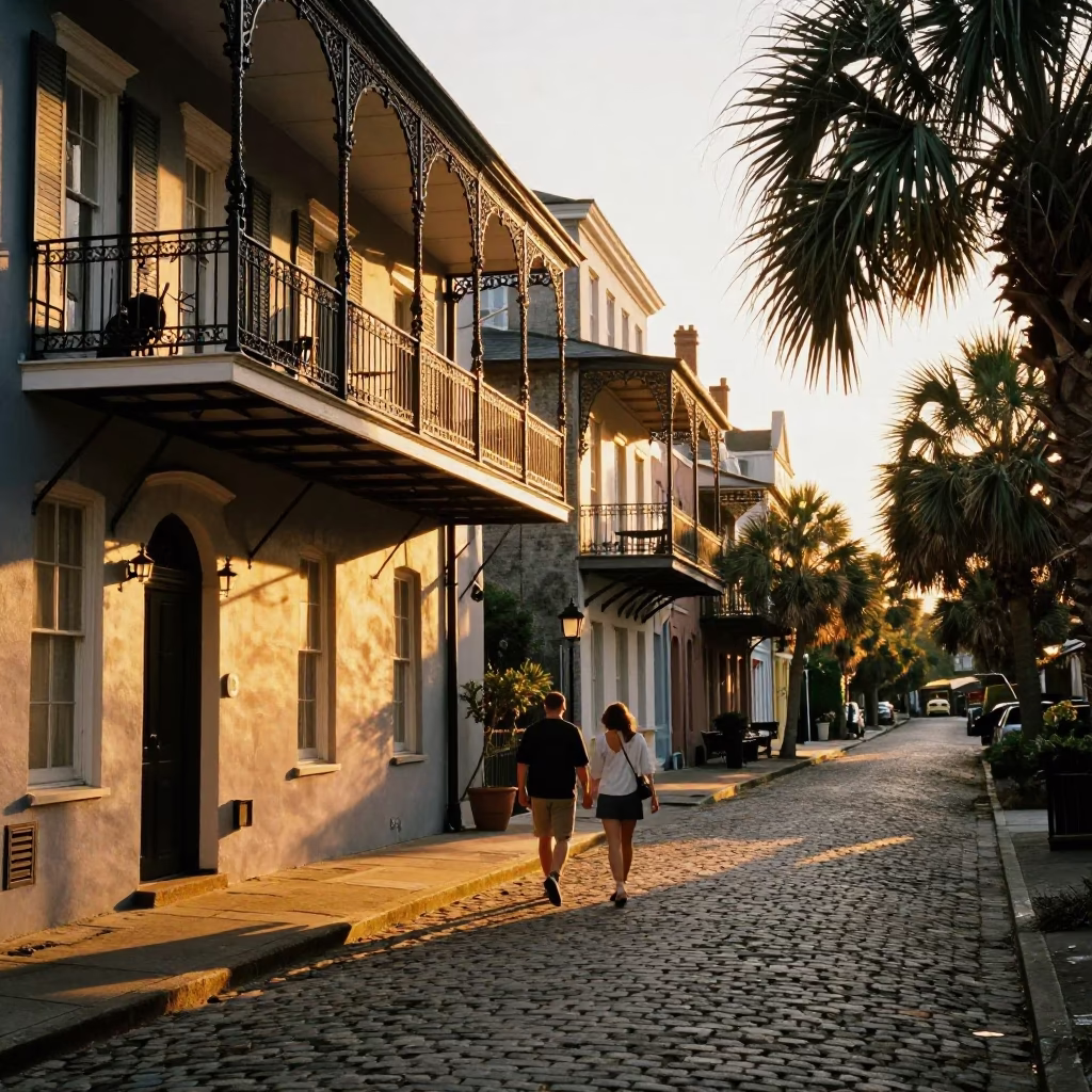 Historic Street in Charleston at Sunset Light in in Charleston, South Carolina, United States