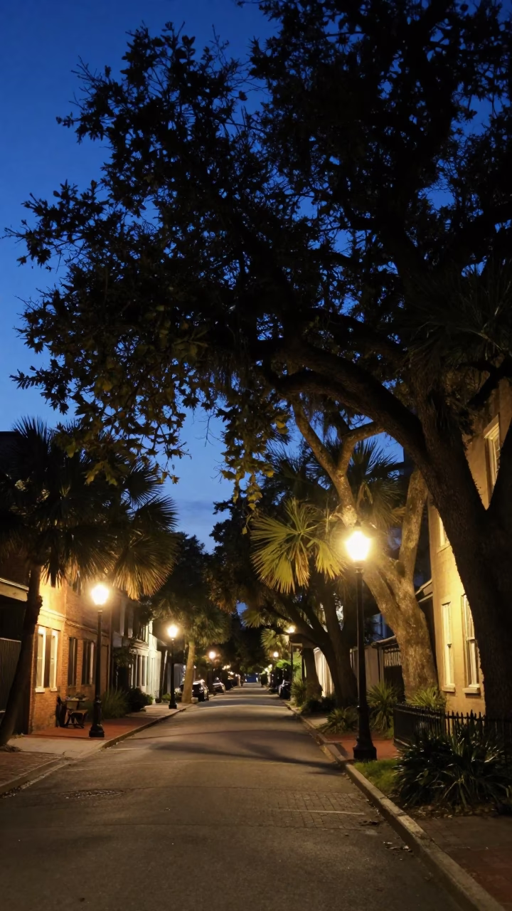 Historic Street in Charleston at Twilight in in Charleston, South Carolina, United States