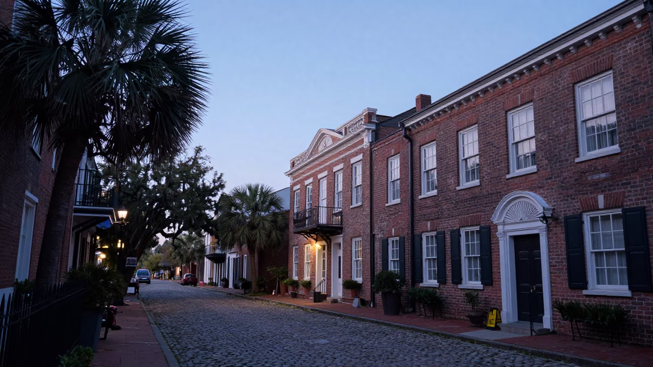 Historic Street Scene in Charleston at First Light Of Dawn in in Charleston, South Carolina, United States
