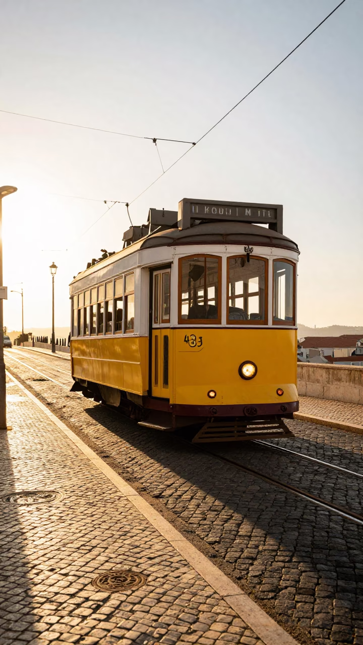 Historic Tram 28 at Sunset Light in Lisbon in in Lisbon, Portugal