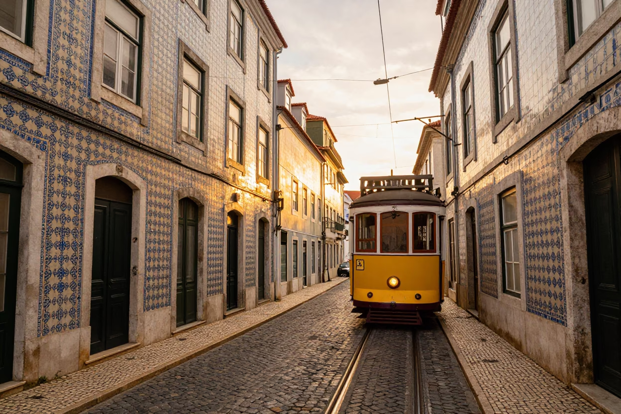 Historic Tram And Traditional Azulejo Tile Architecture in Lisbon in in Lisbon, Portugal