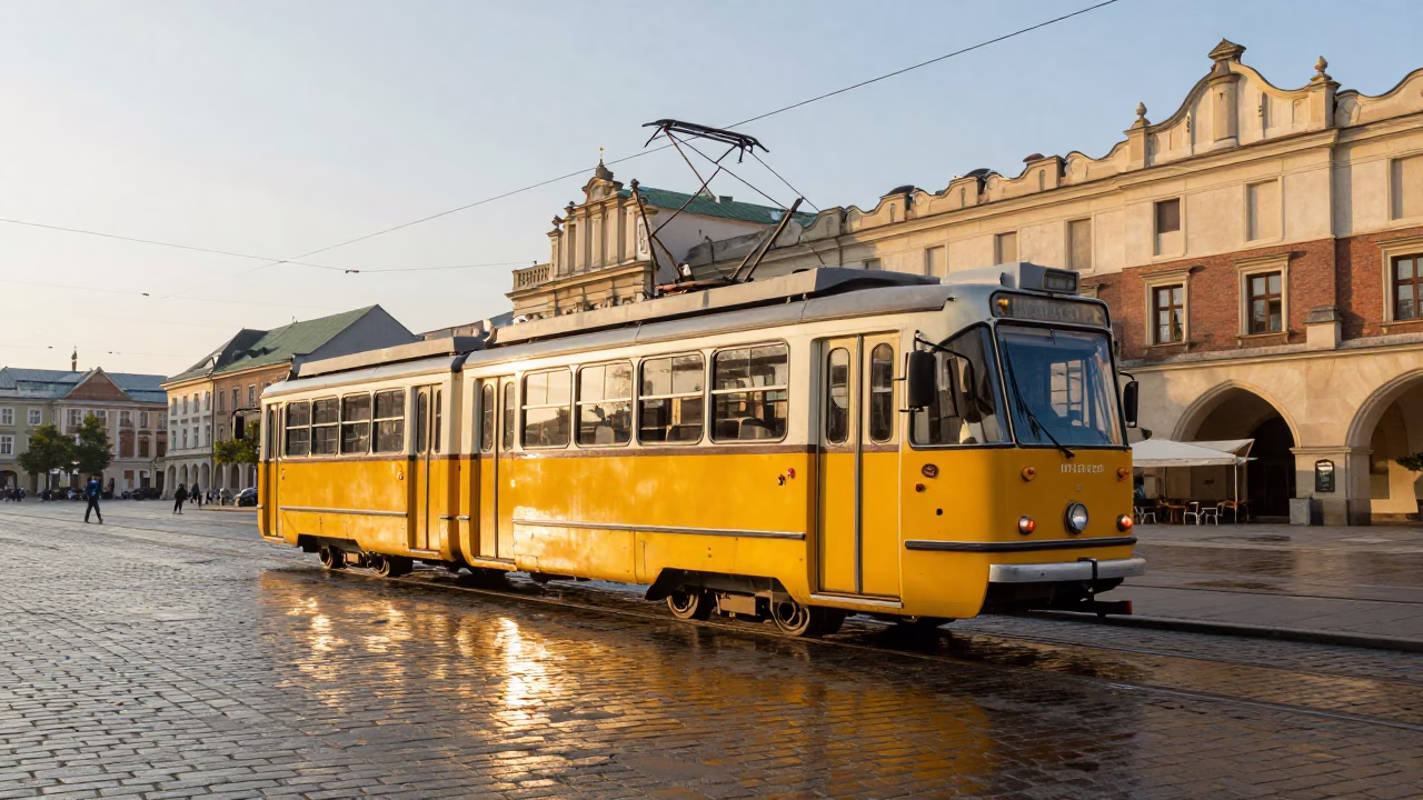 Historic Tram in Krakow at The Late Afternoon Light in in Krakow, Poland