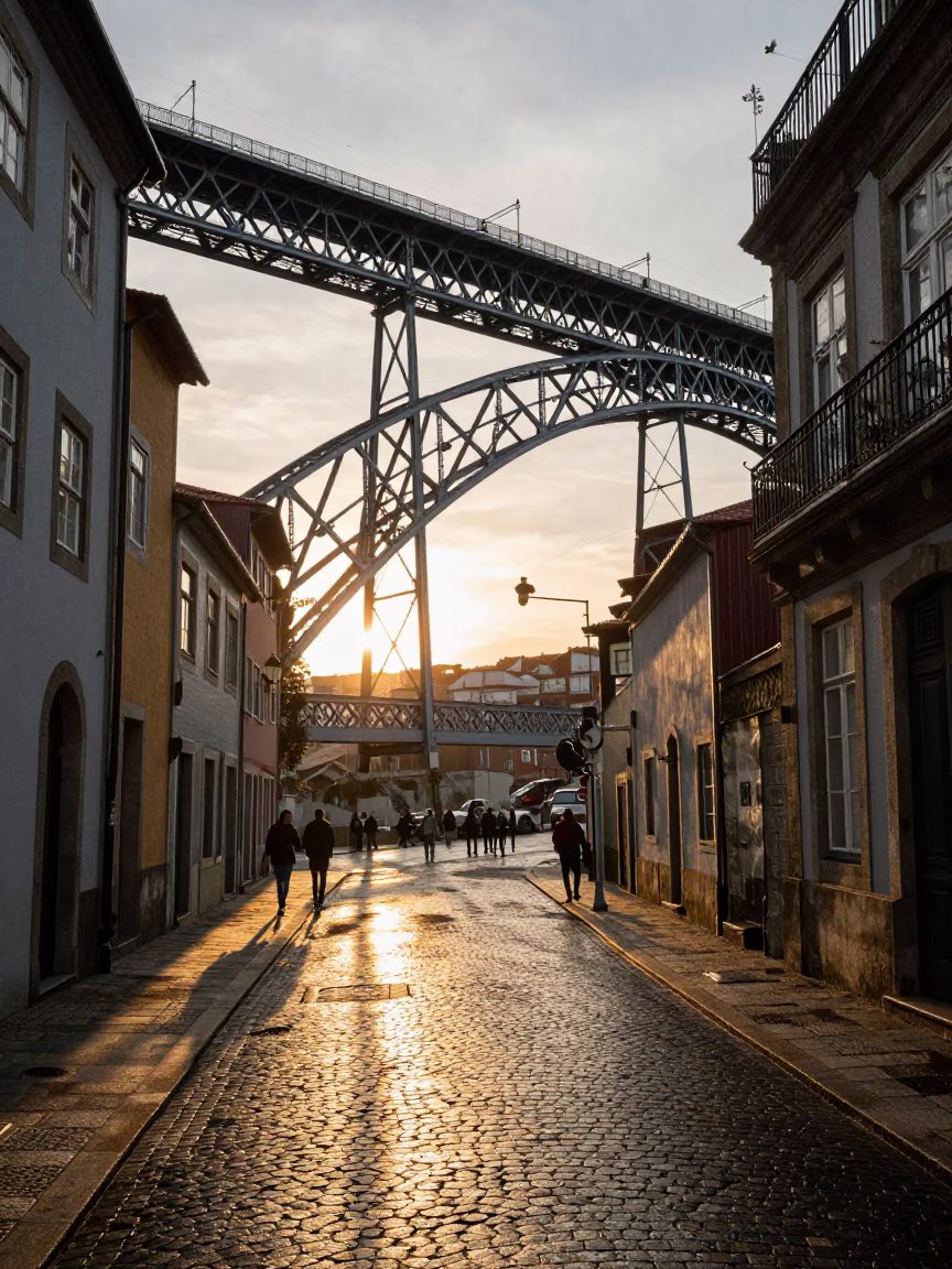 Historic Viaduct Casting Long Shadows in Porto in in Porto, Portugal