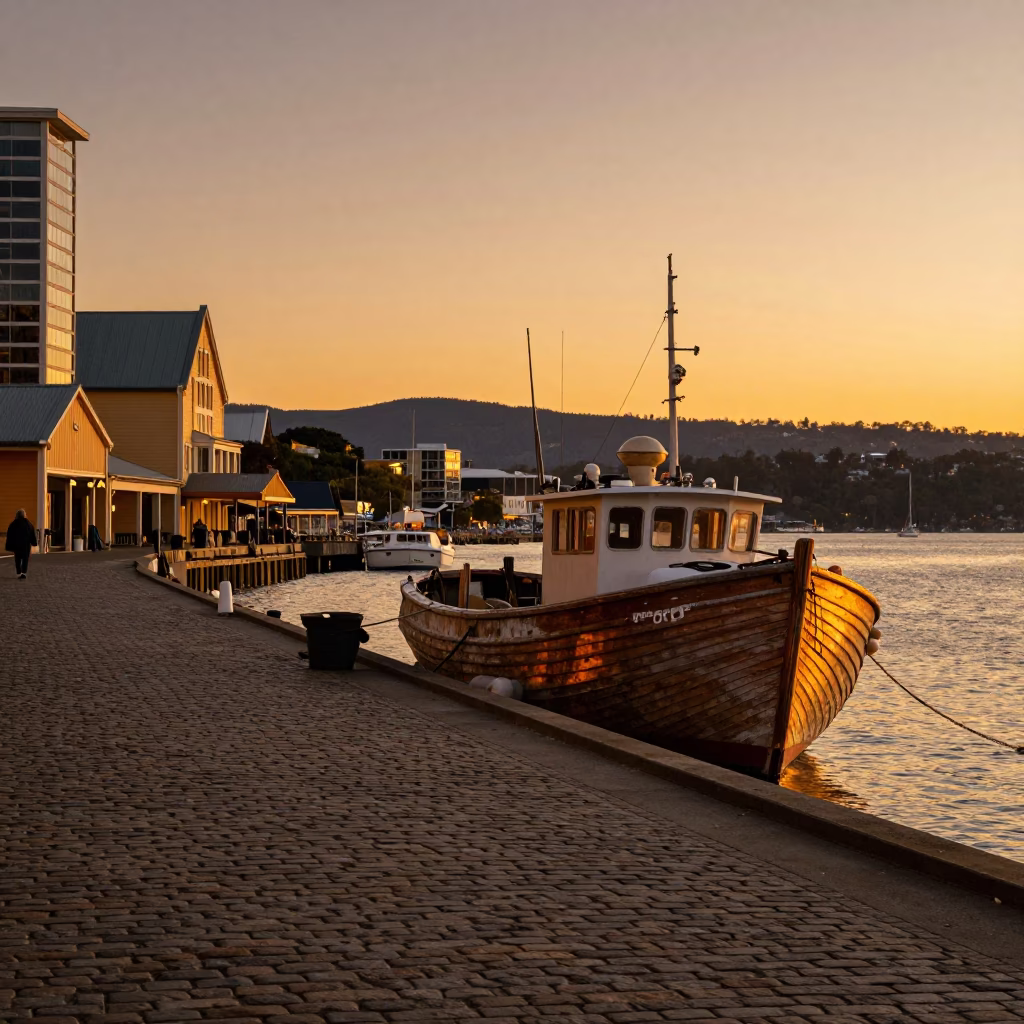 Historic Waterfront in Hobart at Golden Hour in in Hobart, Tasmania, Australia